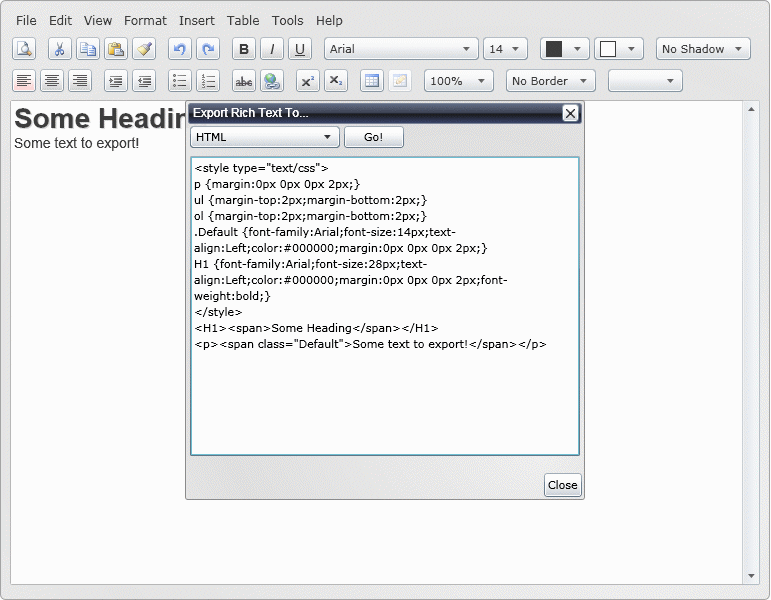 Exporting the sample RichText into HTML Using the RichTextBox Example
